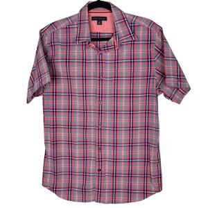 Banana Republic Mens M 15-15.5 Pink Blue Plaid Short Sleeve Button Down Shirt